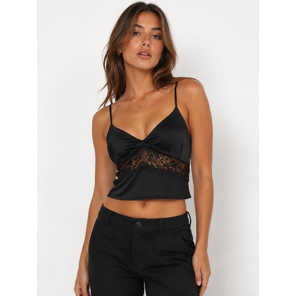 Abercrombie & Fitch Tops - Abercrombie & Fitch Cami Top L Black Lace Inset Satin Look Side Zip Coquette